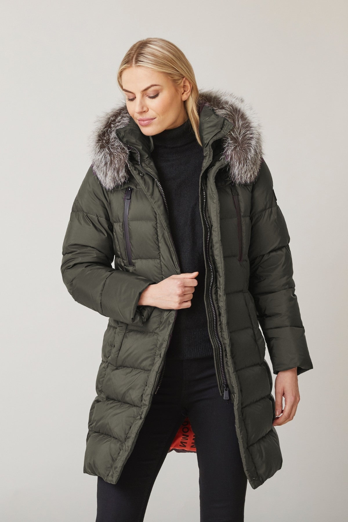 Women's lichen rock fur-lined mid-length coat